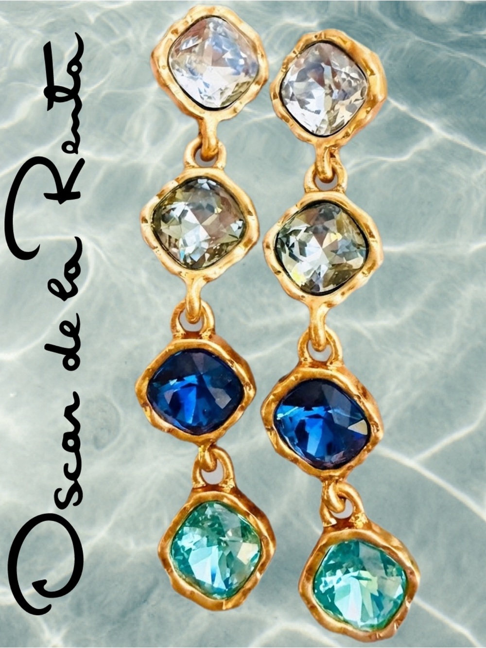 Oscar de la Renta Earrings SHADES OF BLUE Crystal Dangle Drop✨🩵Signed✨Post Back